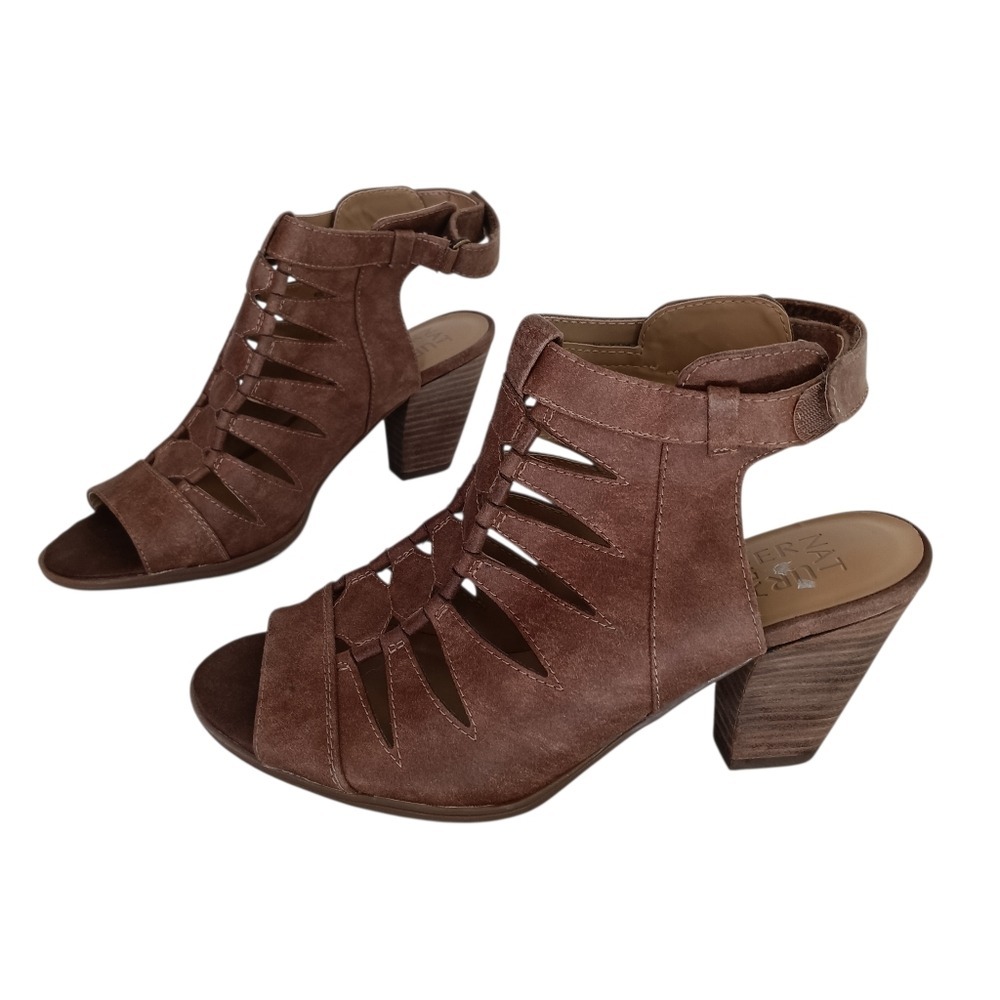 Naturalizer Talan Heeled Sandals Womens 8W Brown Cage Block Heel Laser Cut